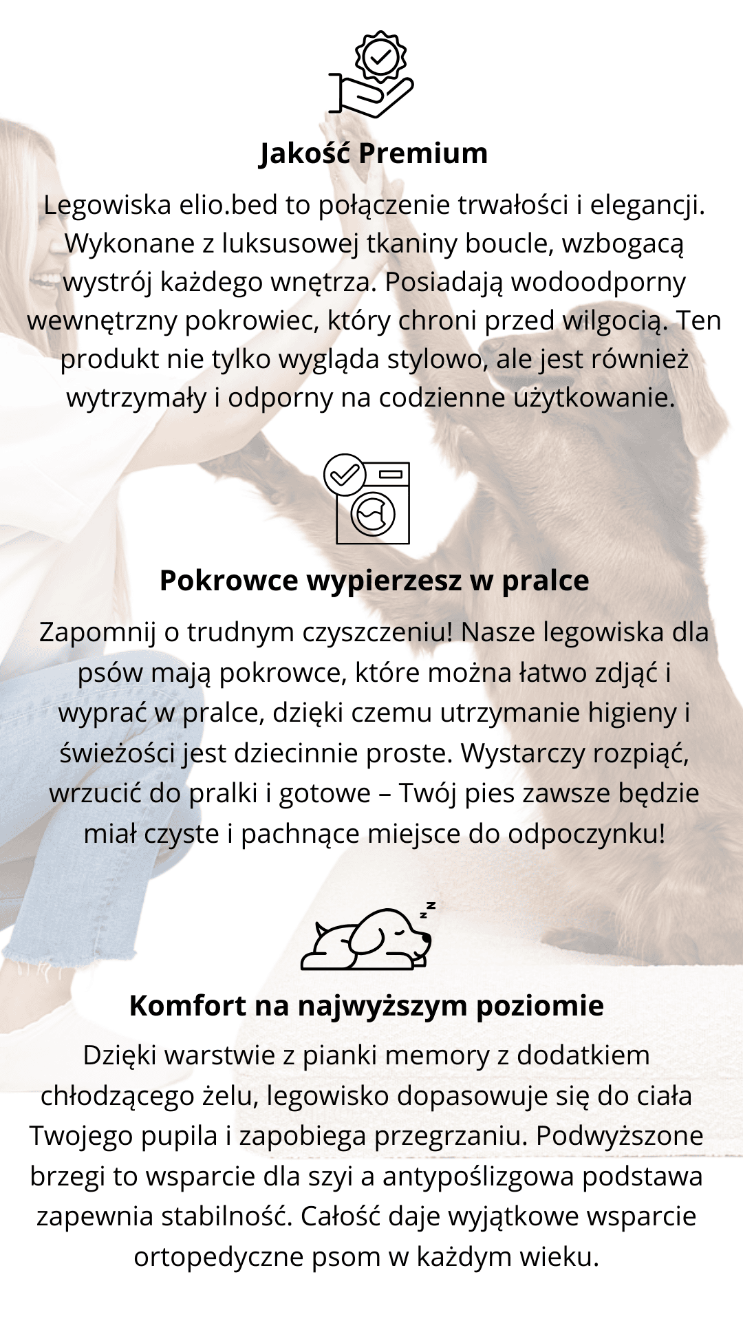 wyżeł weimarski długowłosy przybija piątkę tekst opisuje właściwości legowiska ortopedycznego premium takie jak możliwość prania w pralce, pianka memory foam i tkanina boucle